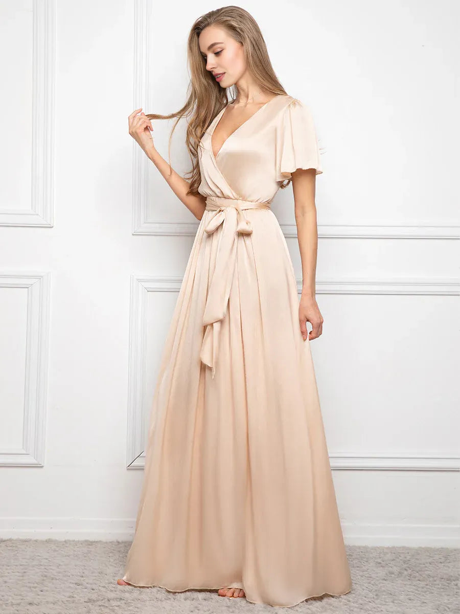 Charming A-Line V Neck Short Sleeve Floor-Length Prom Dress