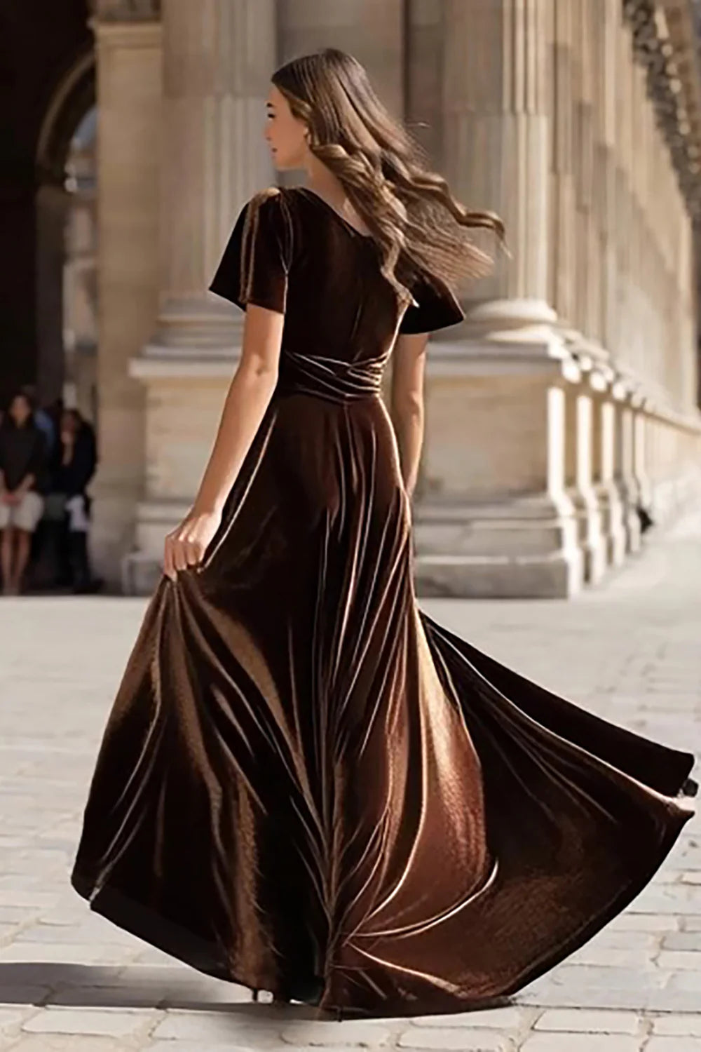 Charming A-Line V Neck Short Sleeve Velvet Sweep/Brush Train Prom Dress