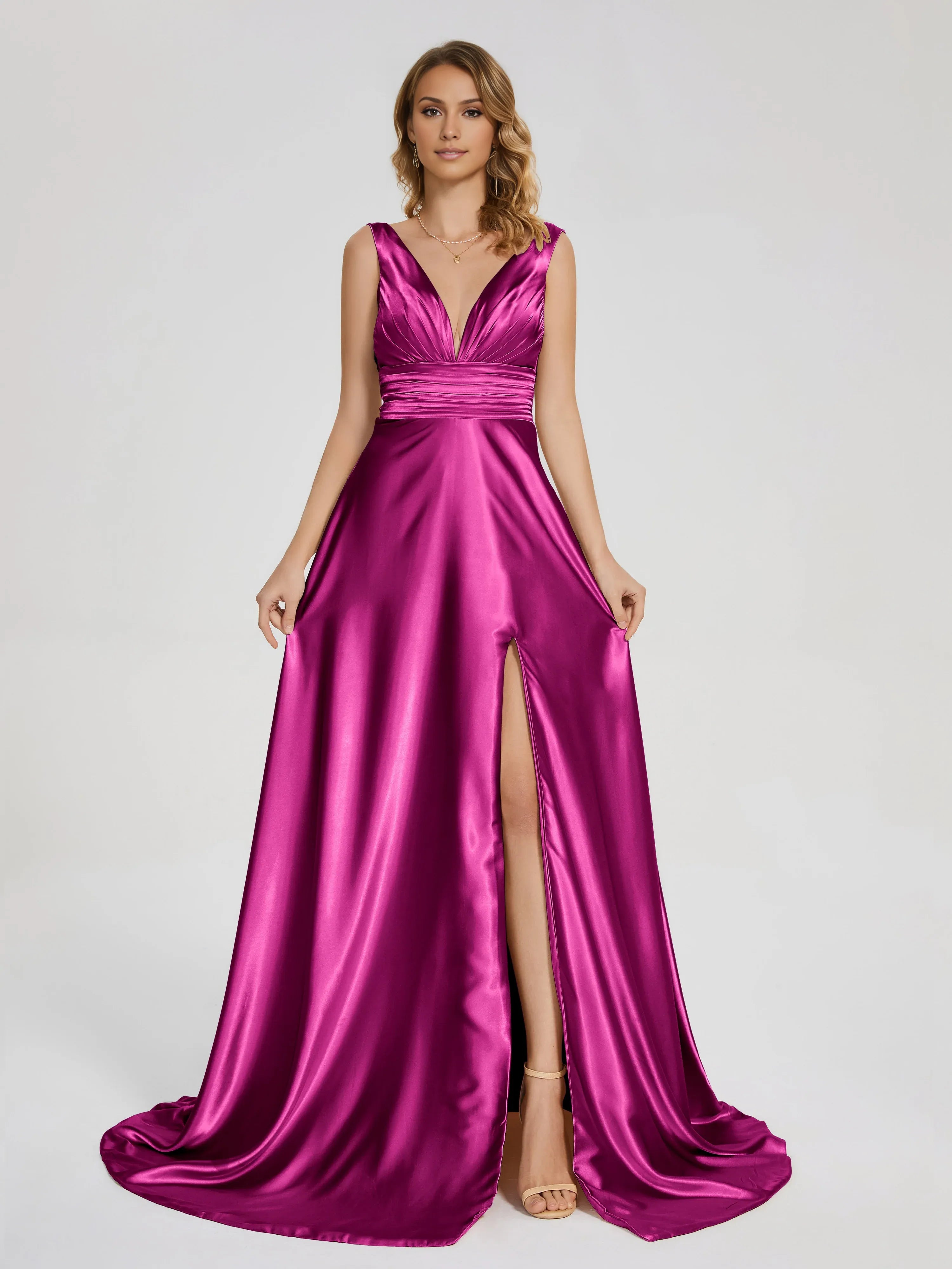 Charming A-line V-neck Sleeveless V-back Sweep/Brush Train Prom Dress