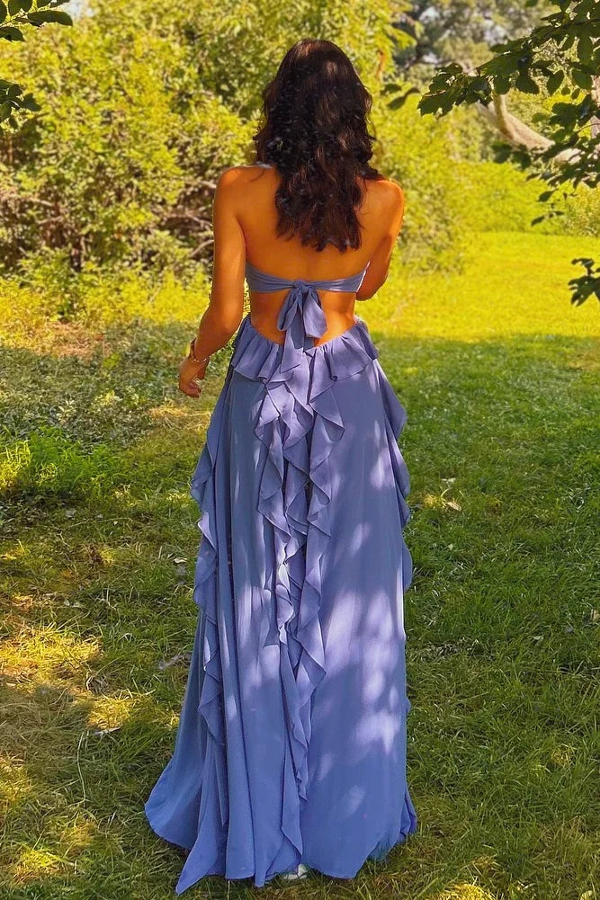 Charming A Line Halter Neck Sleeveless Lace Up Floor-Length Prom Dress