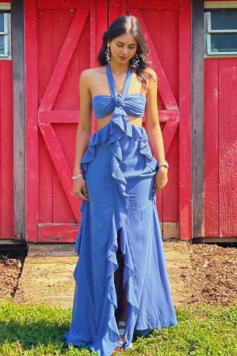 Charming A Line Halter Neck Sleeveless Lace Up Floor-Length Prom Dress