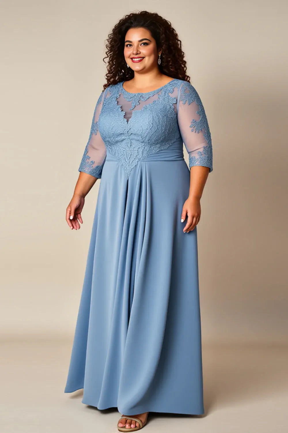 Charming A Line Scoop Neck Long Sleeve Zipper Up Floor-Length Plus Size Mother of the Bride Dress