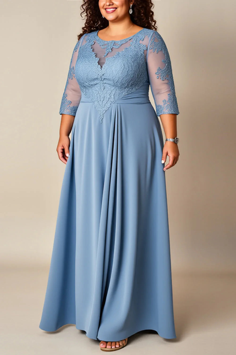 Charming A Line Scoop Neck Long Sleeve Zipper Up Floor-Length Plus Size Mother of the Bride Dress