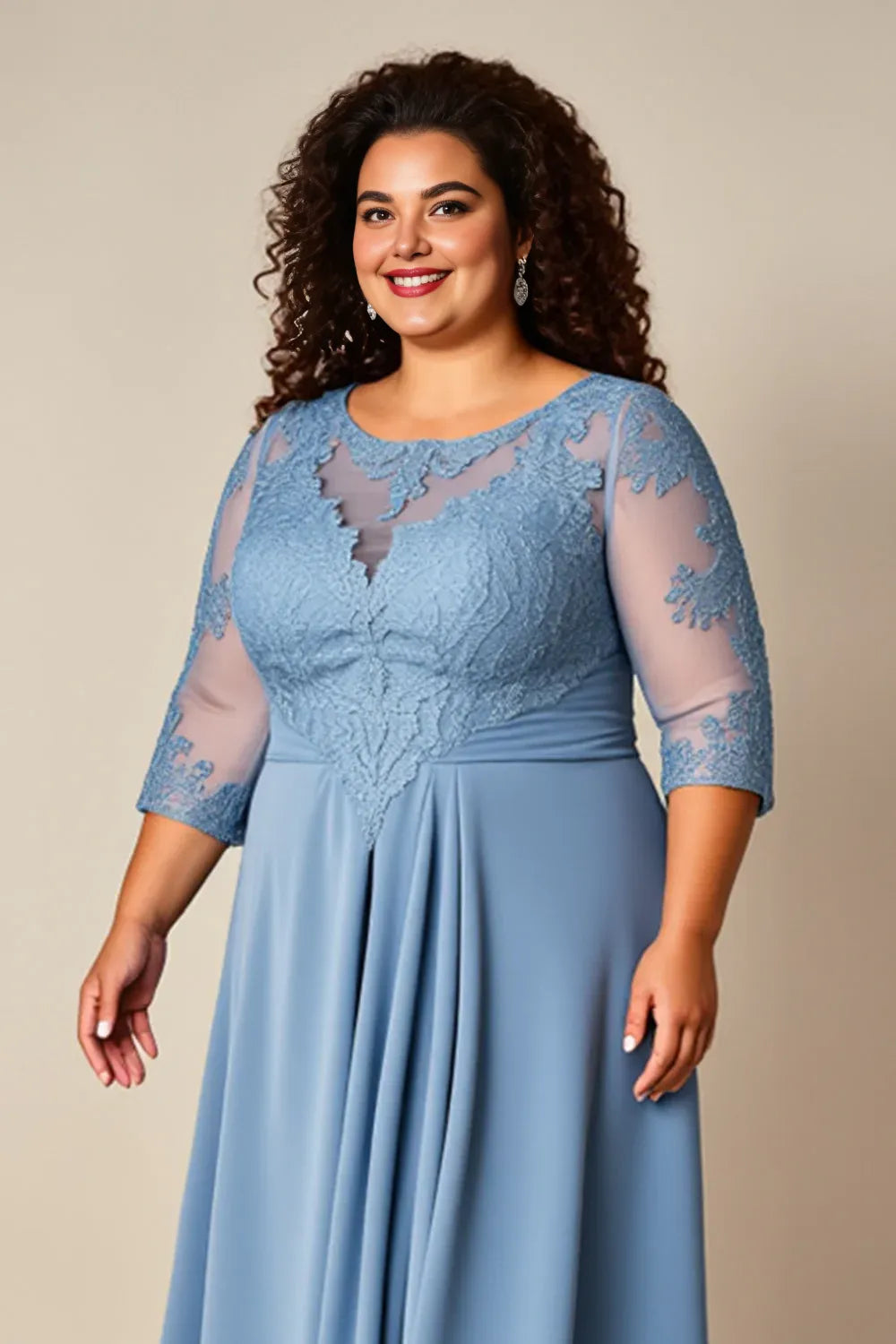 Charming A Line Scoop Neck Long Sleeve Zipper Up Floor-Length Plus Size Mother of the Bride Dress