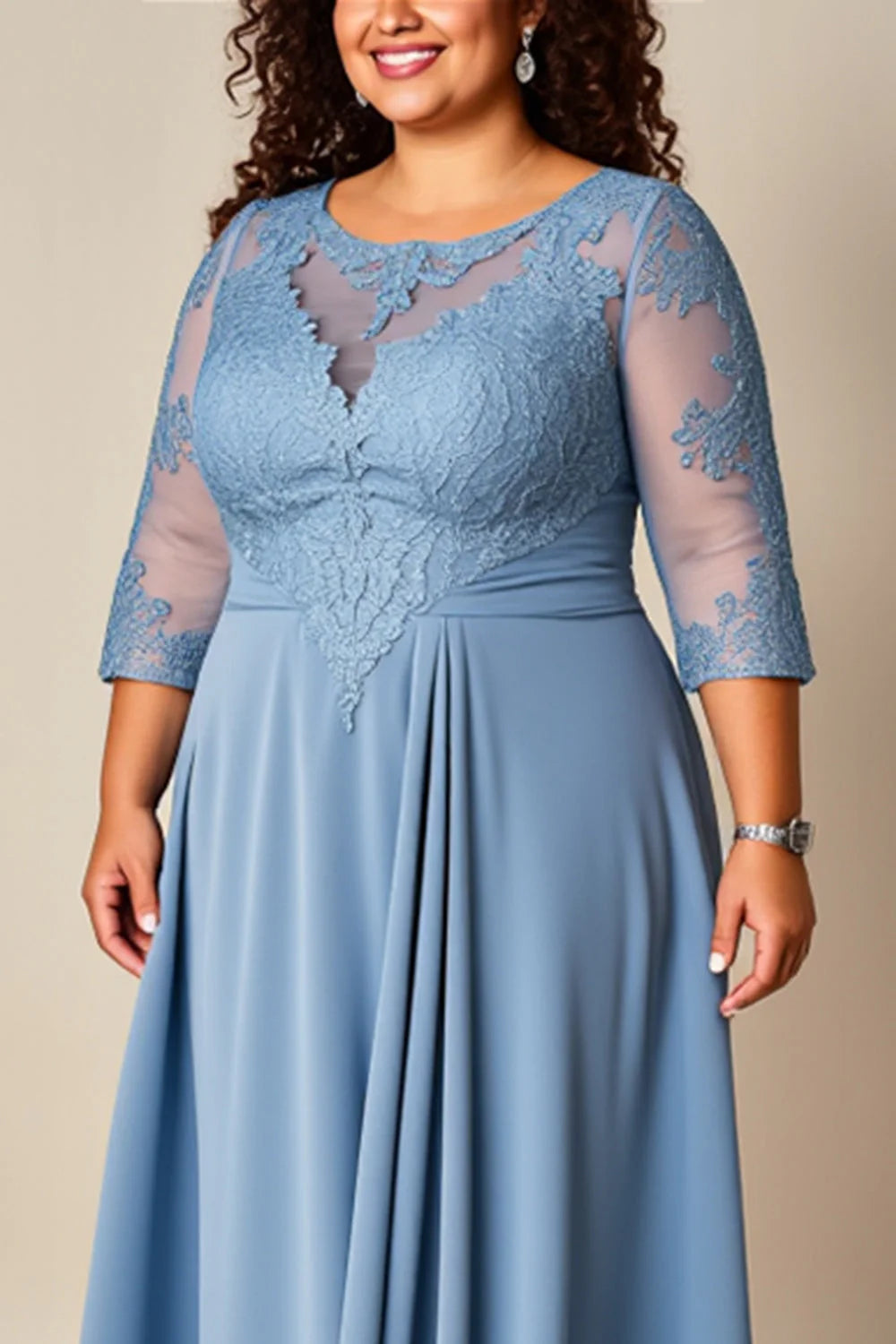 Charming A Line Scoop Neck Long Sleeve Zipper Up Floor-Length Plus Size Mother of the Bride Dress