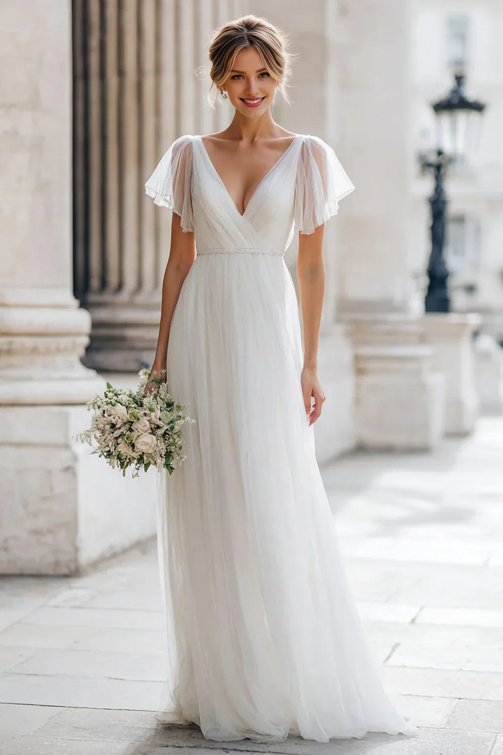 Charming A Line V-Neck Flutter Sleeve Tulle Floor-Length Wedding Dress
