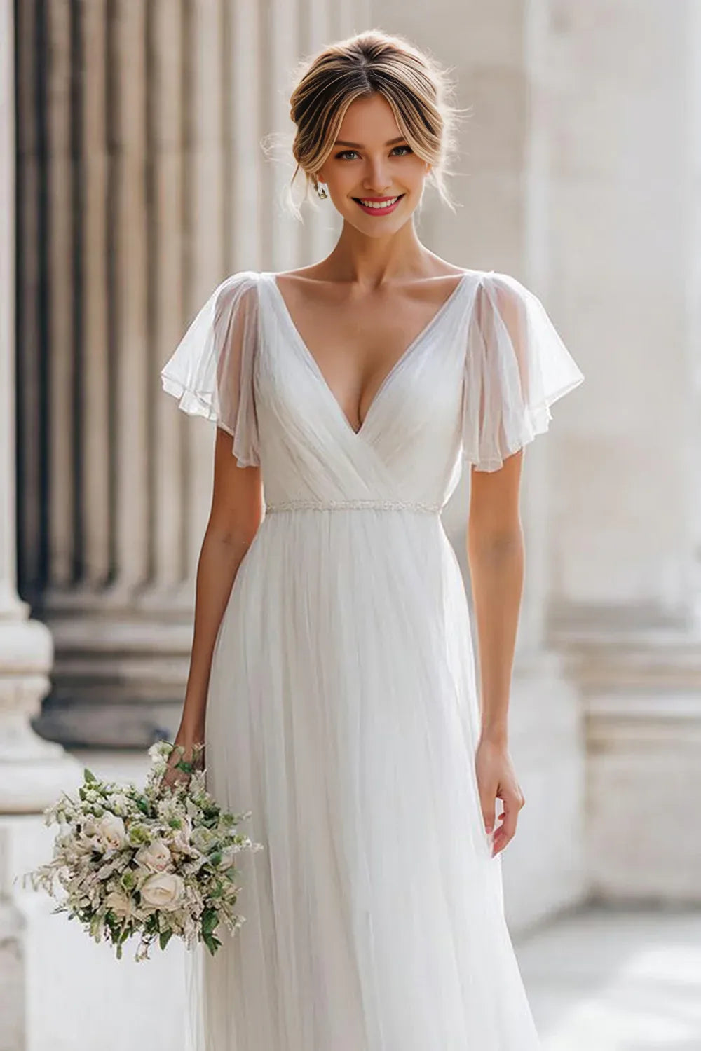 Charming A Line V-Neck Flutter Sleeve Tulle Floor-Length Wedding Dress