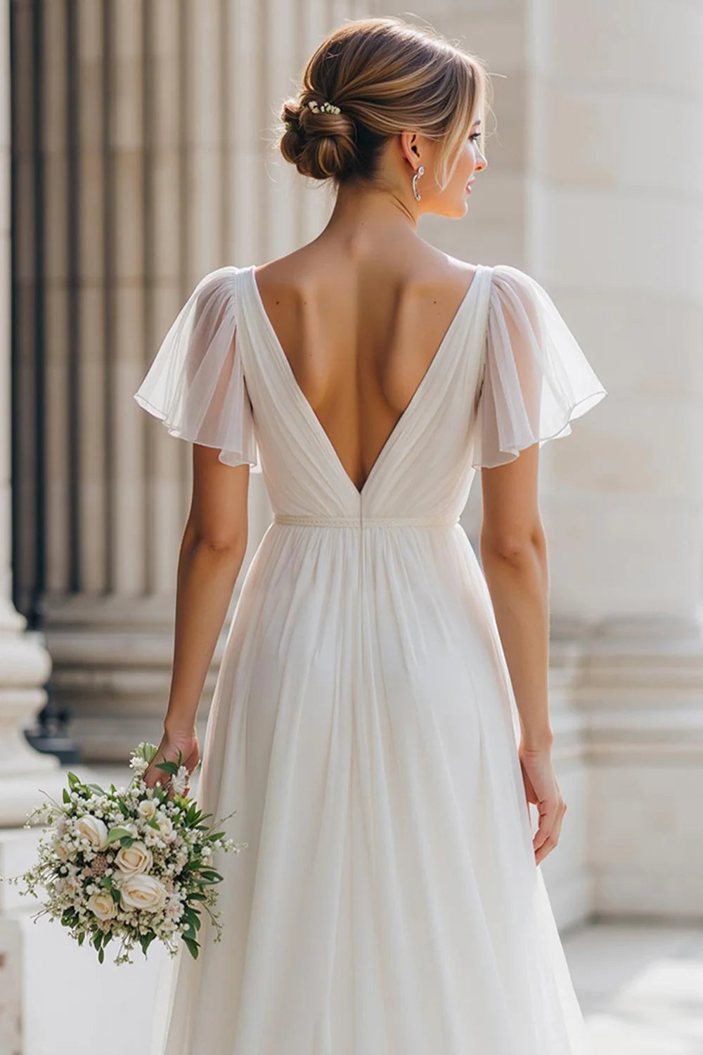 Charming A Line V-Neck Flutter Sleeve Tulle Floor-Length Wedding Dress