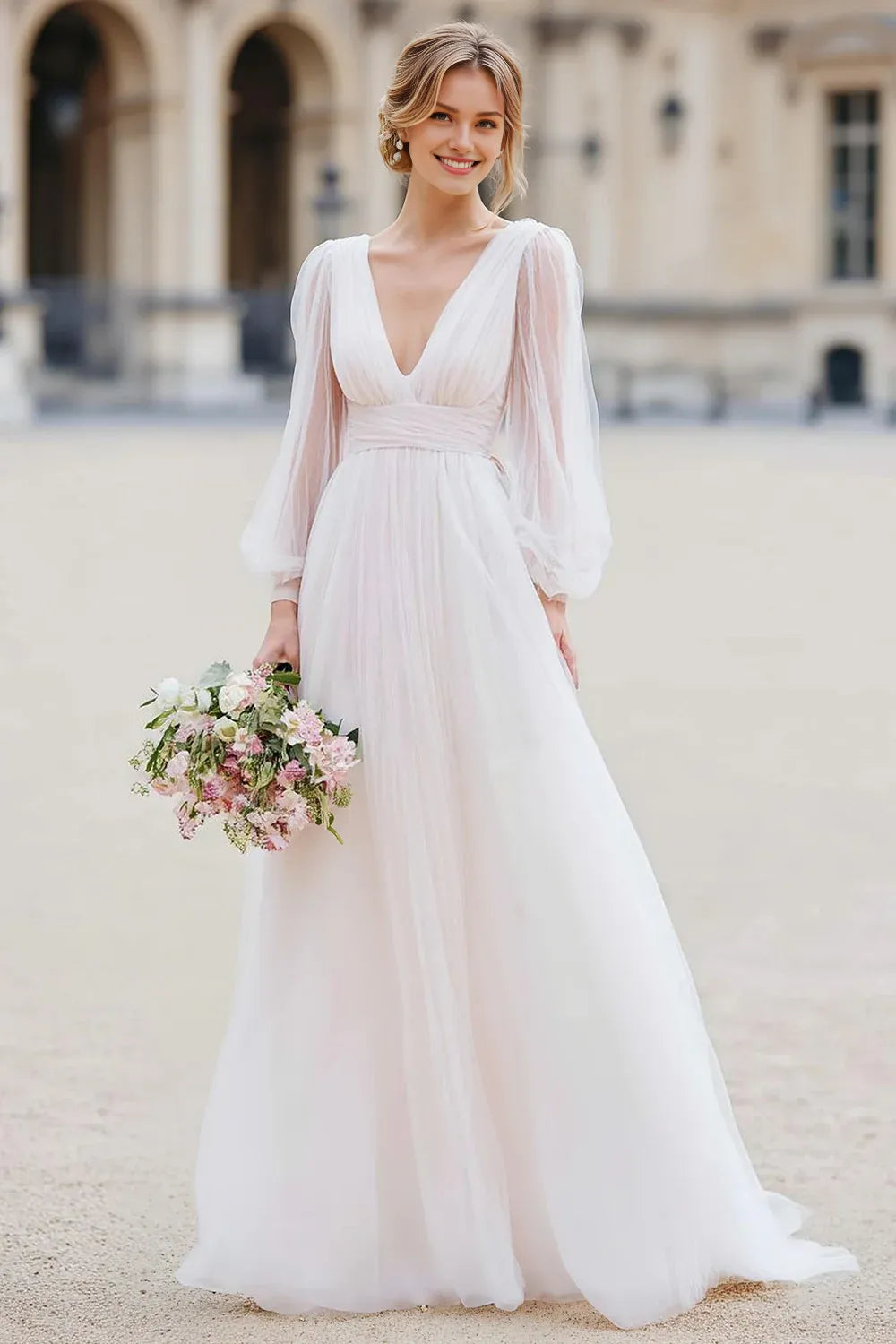 Charming A Line V-Neck Long Sleeve V Back Floor-Length Wedding Dress