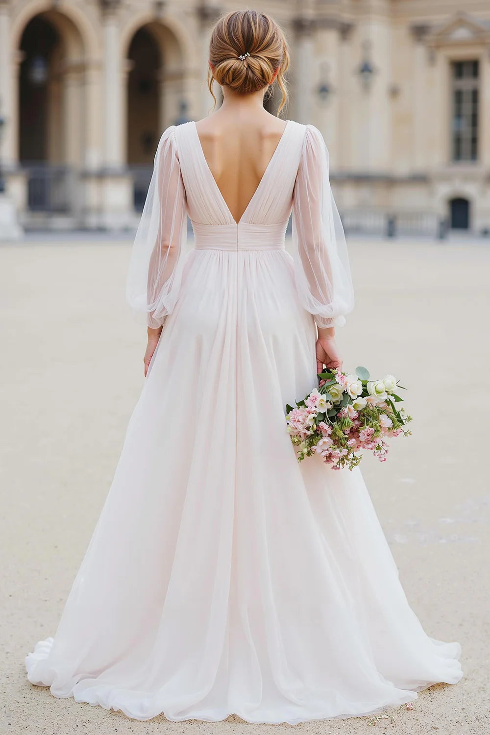 Charming A Line V-Neck Long Sleeve V Back Floor-Length Wedding Dress