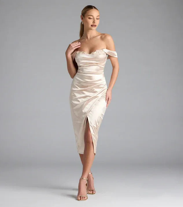 Charming Bodycon Off-The-Shoulder Sleeveless Lace-Up Tea-Length Prom Dress