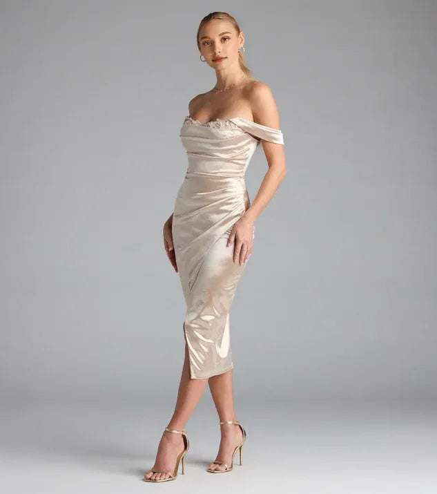 Charming Bodycon Off-The-Shoulder Sleeveless Lace-Up Tea-Length Prom Dress