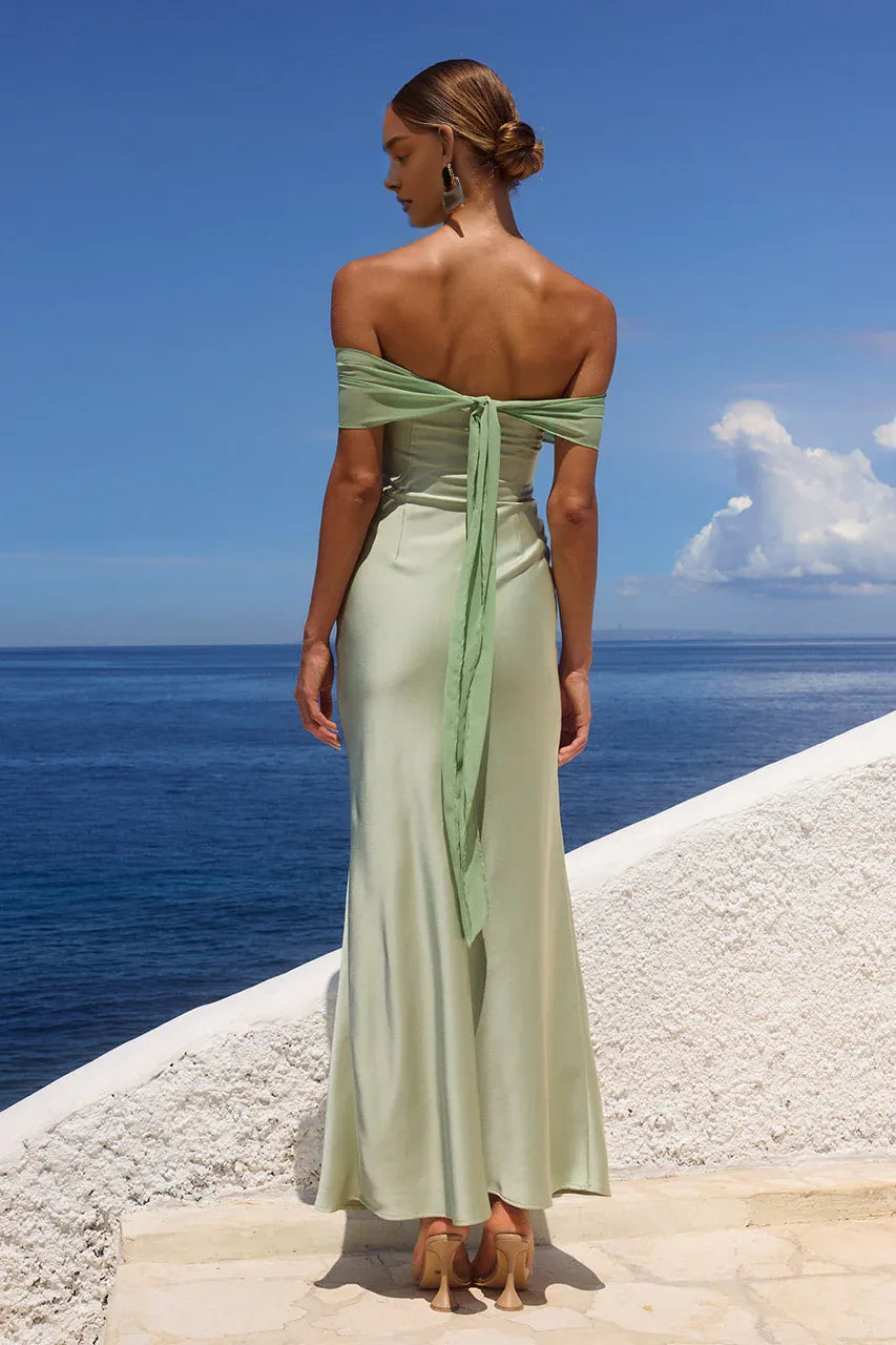 Charming Fitted Off The Shoulder Sleeveless Pleated Satin Floor-Length Prom Dress