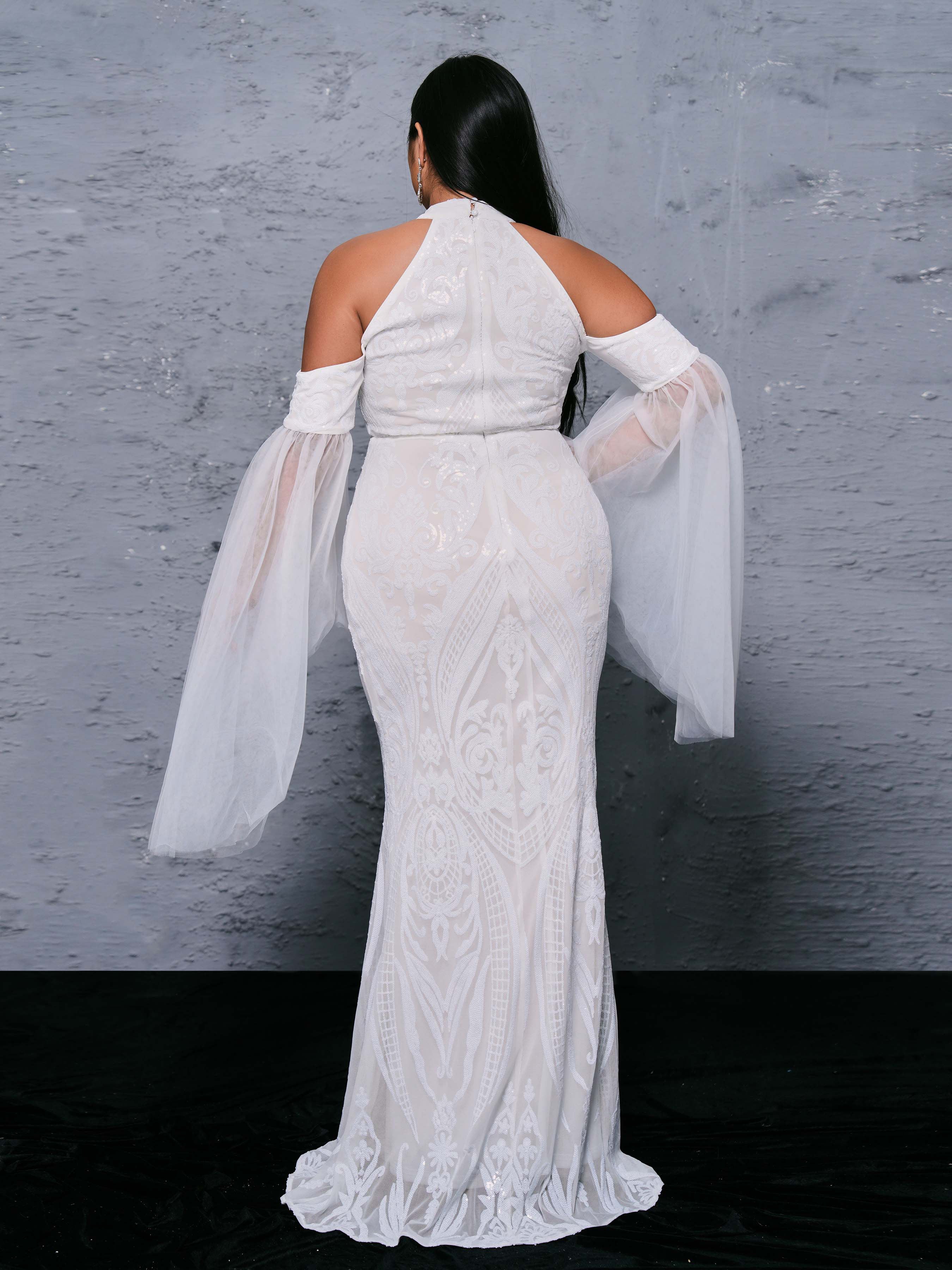 Charming Mermaid Cold Shoulder Flutter Sleeve Zipper Up Sweep/Brush Train Plus Size Prom Dress