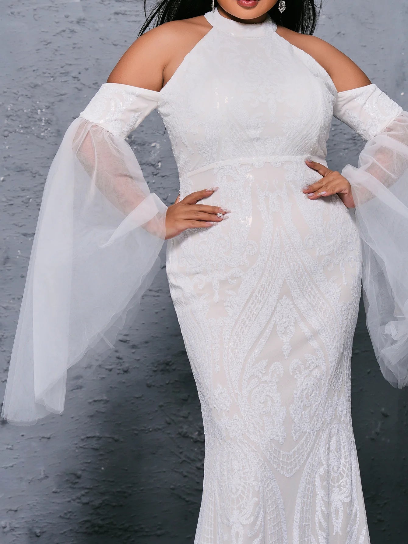 Charming Mermaid Cold Shoulder Flutter Sleeve Zipper Up Sweep/Brush Train Plus Size Prom Dress