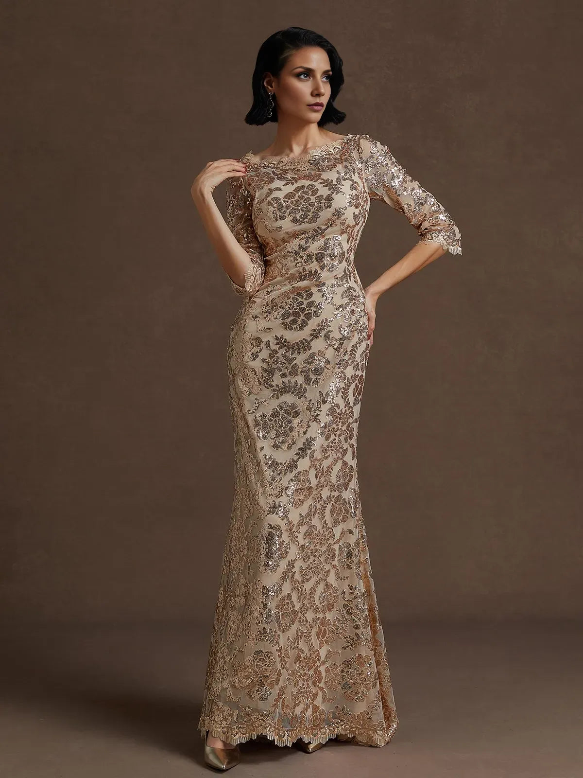 Charming Mermaid Crew Neck Three Quarter Sleeve Back Zip Floor-Length Evening Dress