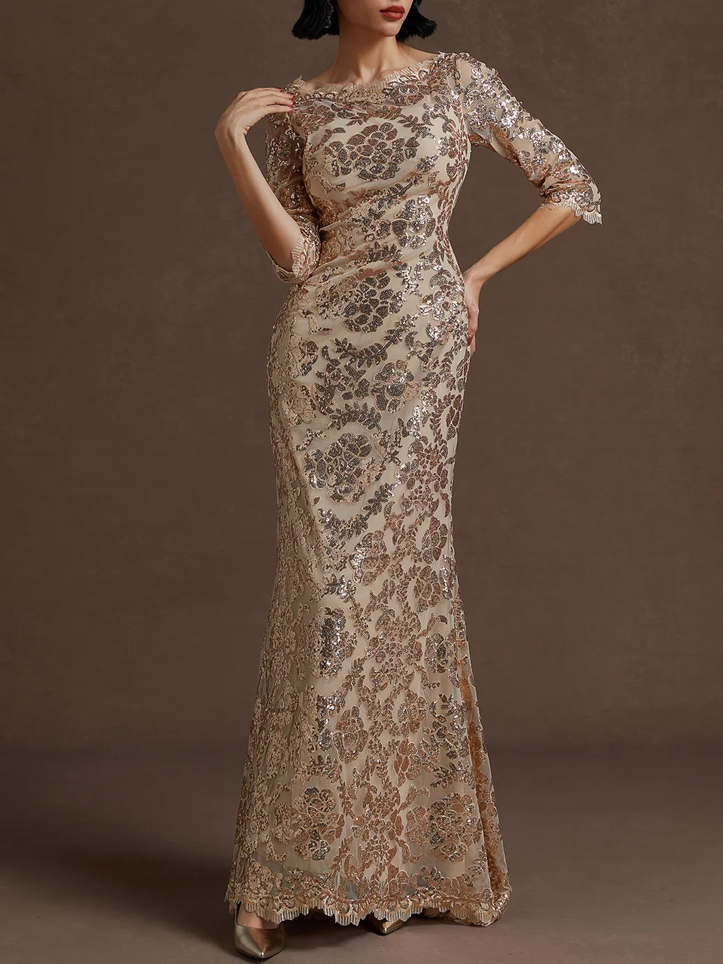 Charming Mermaid Crew Neck Three Quarter Sleeve Back Zip Floor-Length Evening Dress