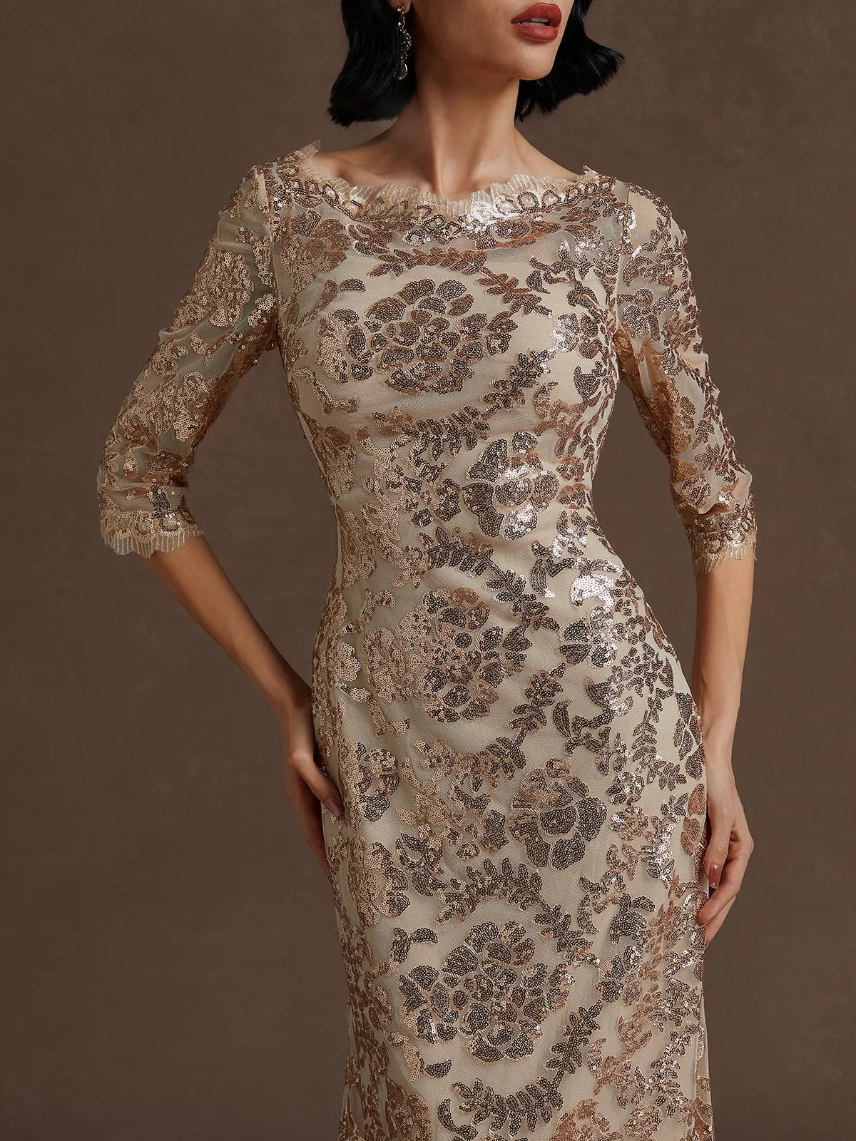 Charming Mermaid Crew Neck Three Quarter Sleeve Back Zip Floor-Length Evening Dress