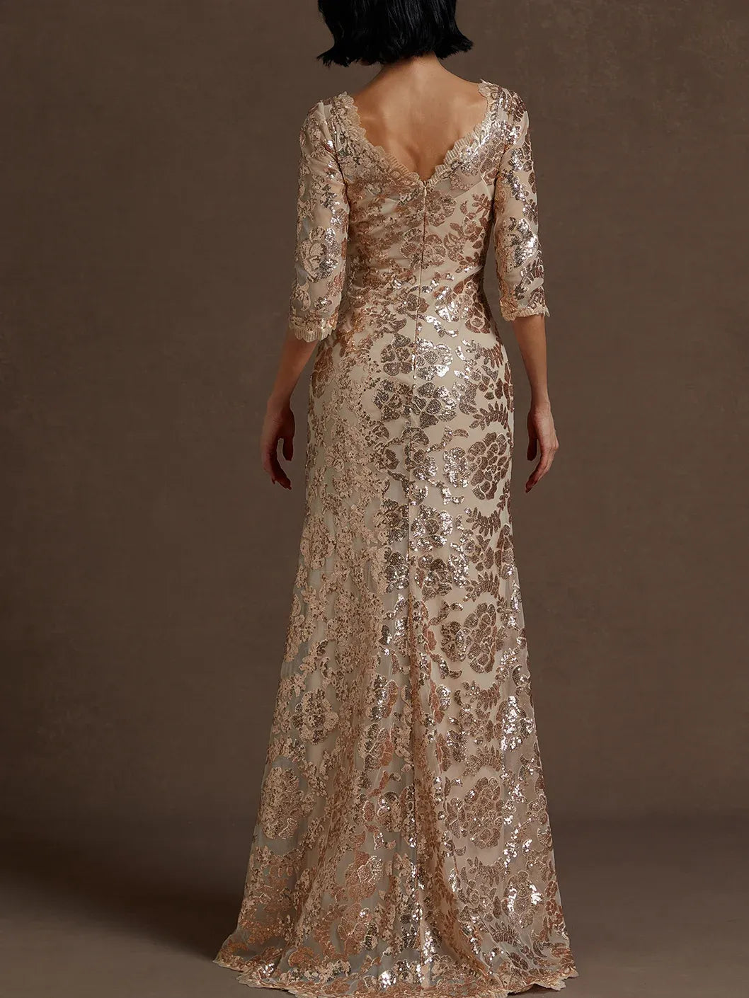 Charming Mermaid Crew Neck Three Quarter Sleeve Back Zip Floor-Length Evening Dress