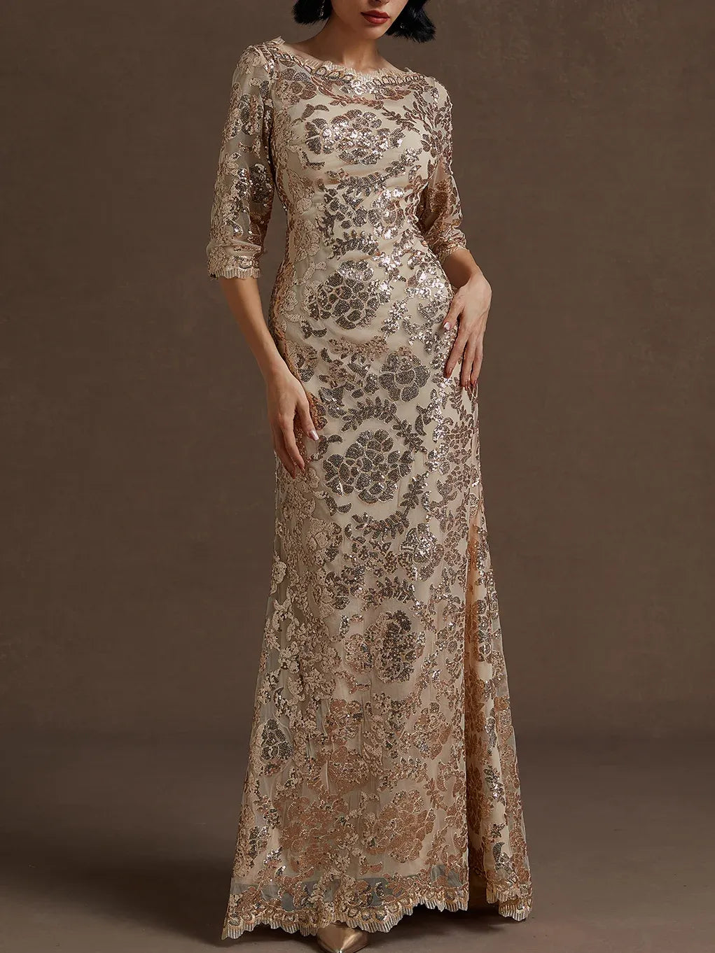 Charming Mermaid Crew Neck Three Quarter Sleeve Back Zip Floor-Length Evening Dress