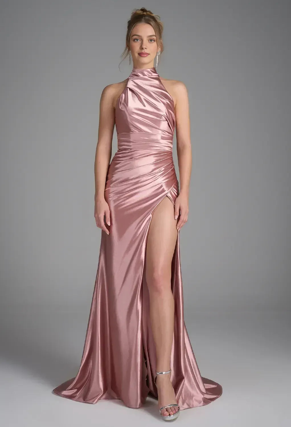 Charming Mermaid Halter Neck Sleeveless Pleated Satin Floor Length Prom Dress