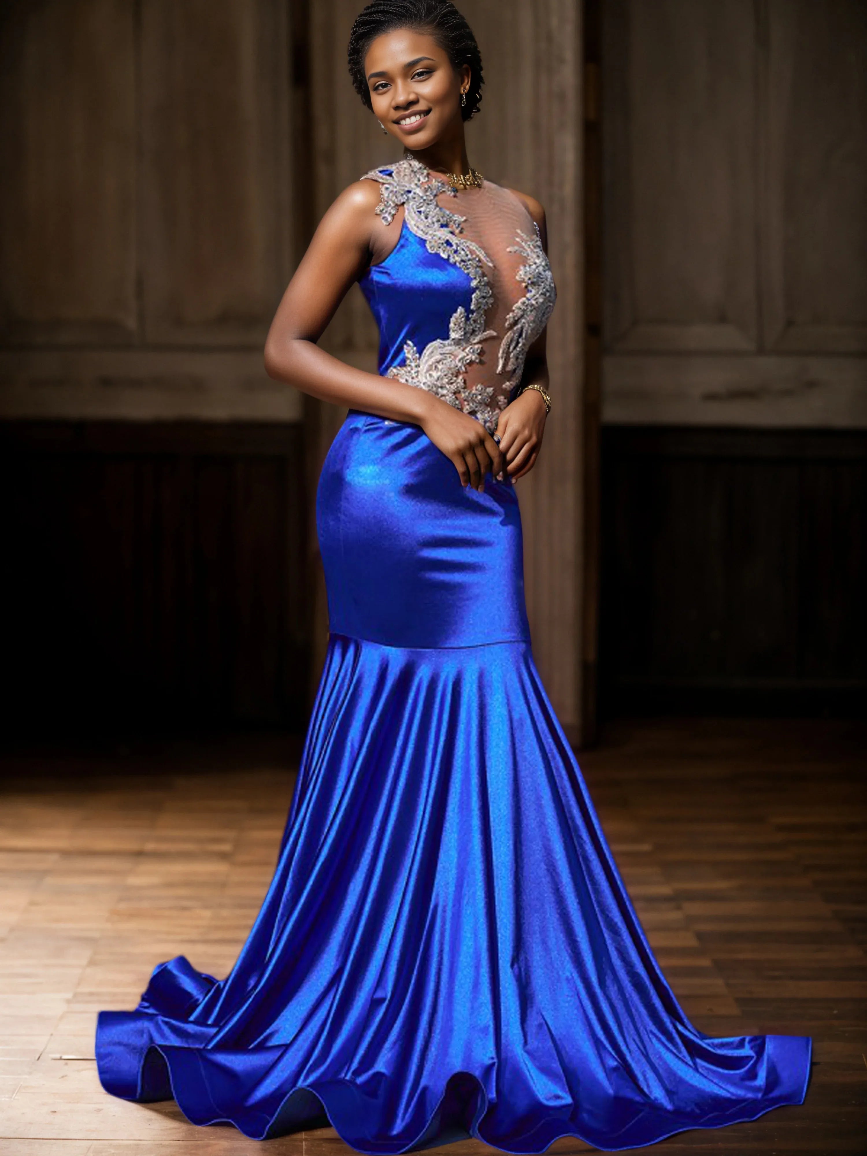 Charming Mermaid Hight Neck Sleeveless Open Back Sweep/Brush Train Prom Dress