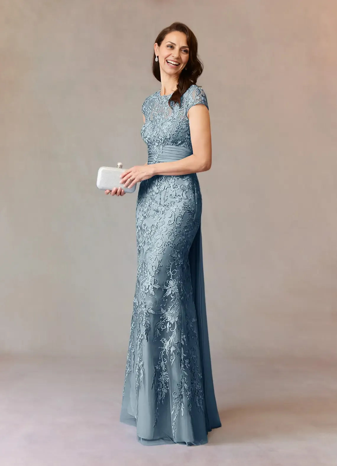 Charming Mermaid Scoop Neck Cap Sleeve Back Zip Floor-Length Mother of the Bride Dress