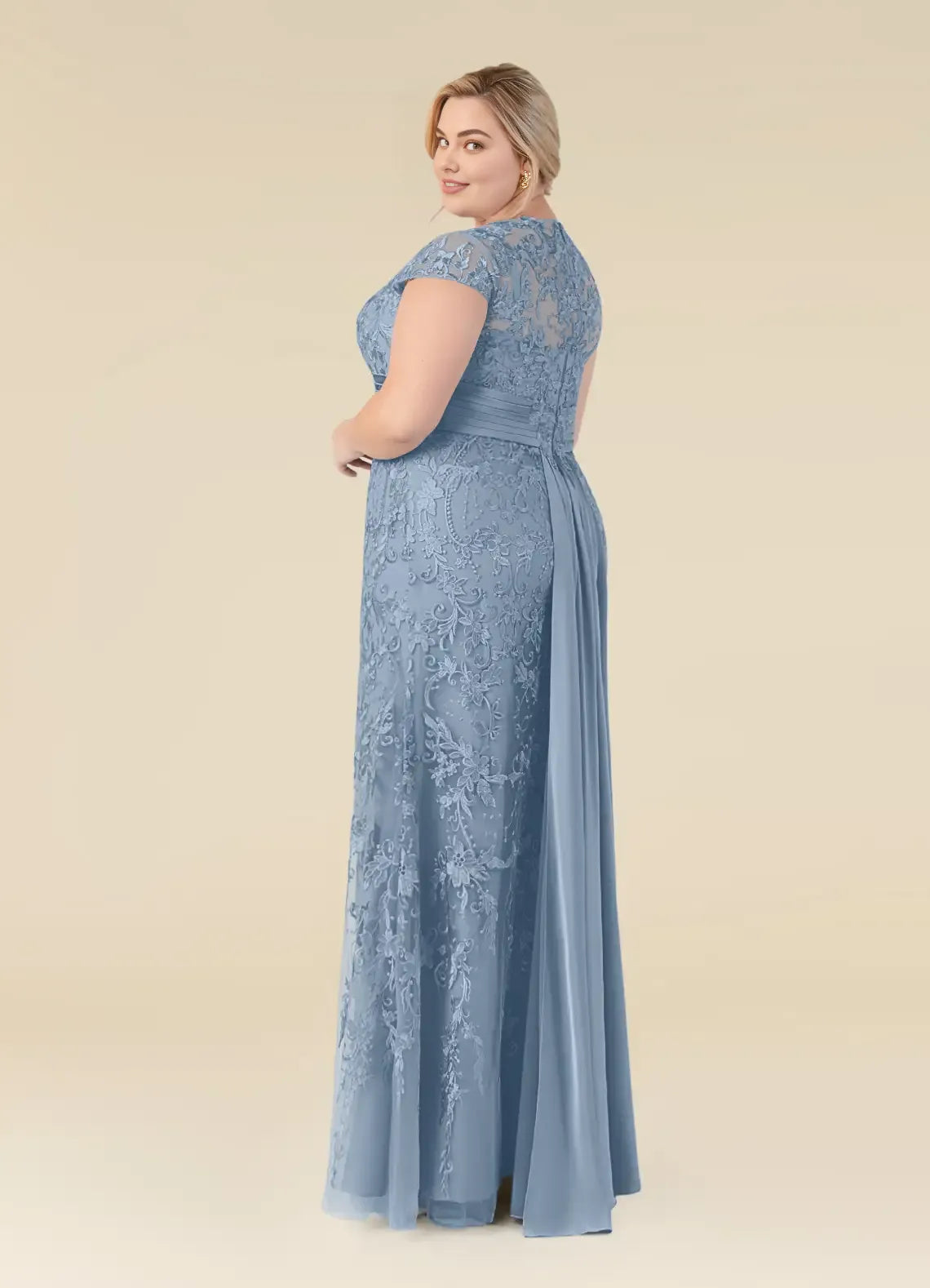 Charming Mermaid Scoop Neck Cap Sleeve Back Zip Floor-Length Plus Size Mother of the Bride Dress