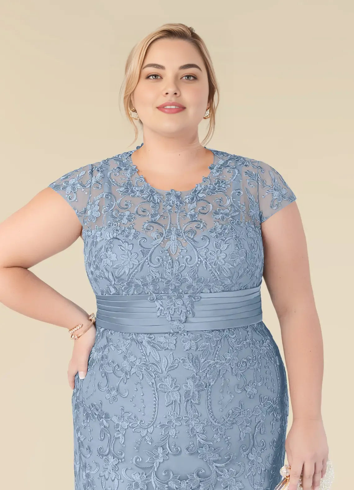 Charming Mermaid Scoop Neck Cap Sleeve Back Zip Floor-Length Plus Size Mother of the Bride Dress