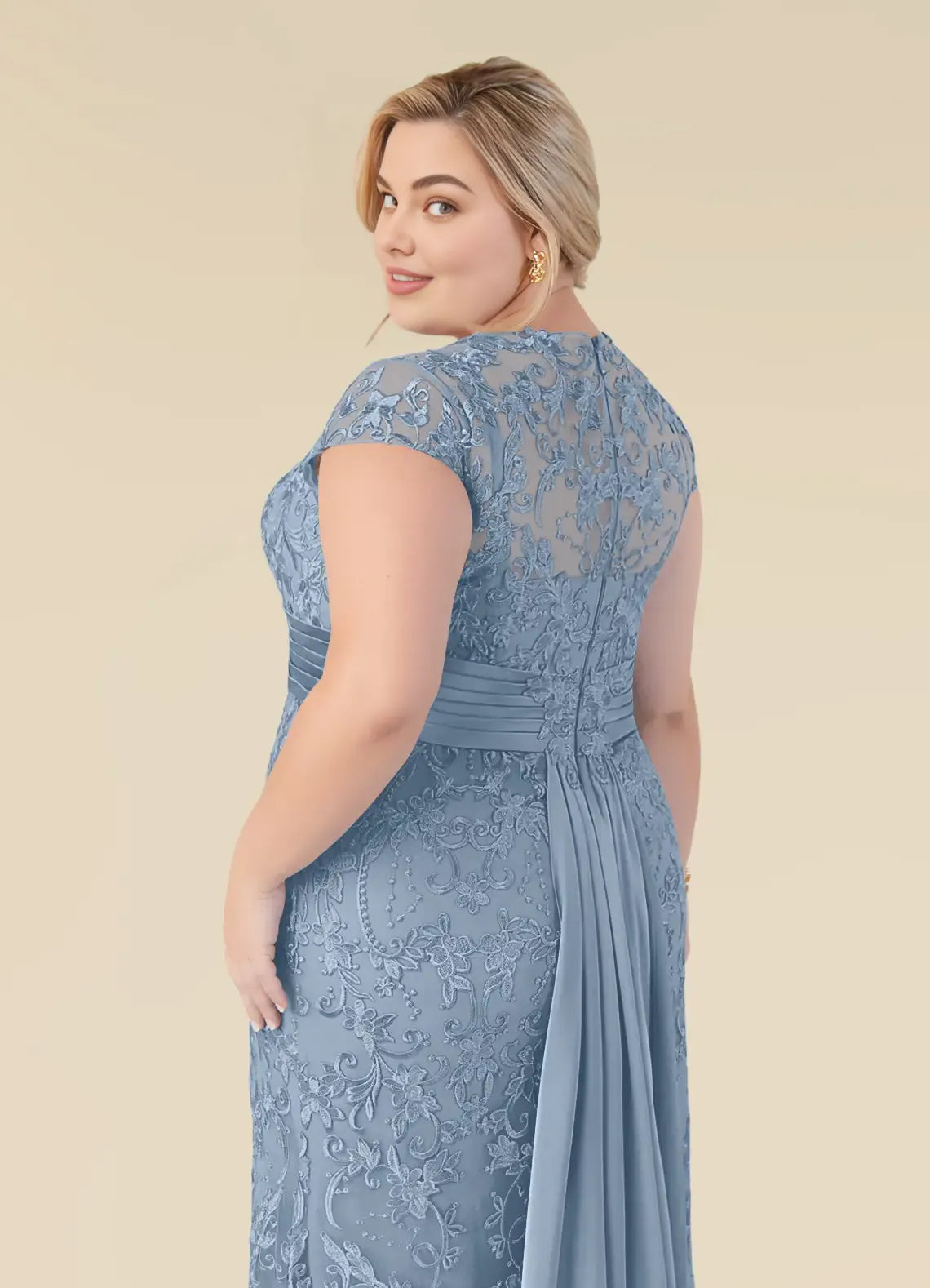 Charming Mermaid Scoop Neck Cap Sleeve Back Zip Floor-Length Plus Size Mother of the Bride Dress