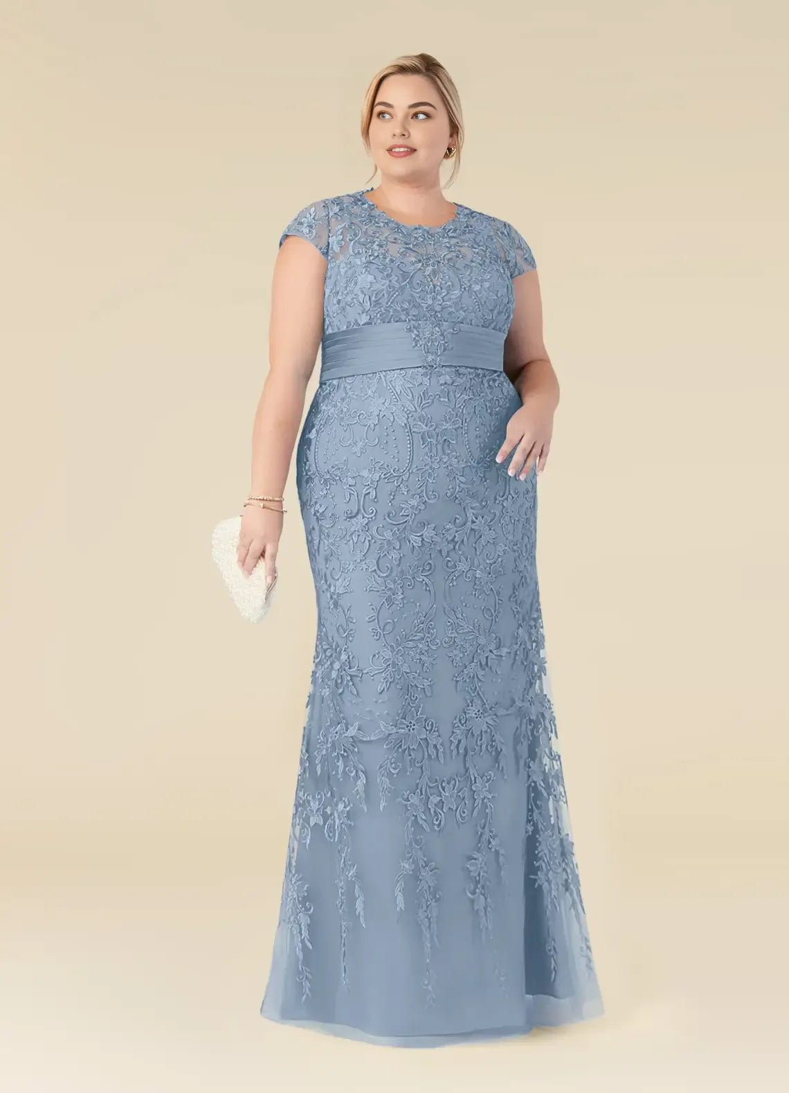 Charming Mermaid Scoop Neck Cap Sleeve Back Zip Floor-Length Plus Size Mother of the Bride Dress