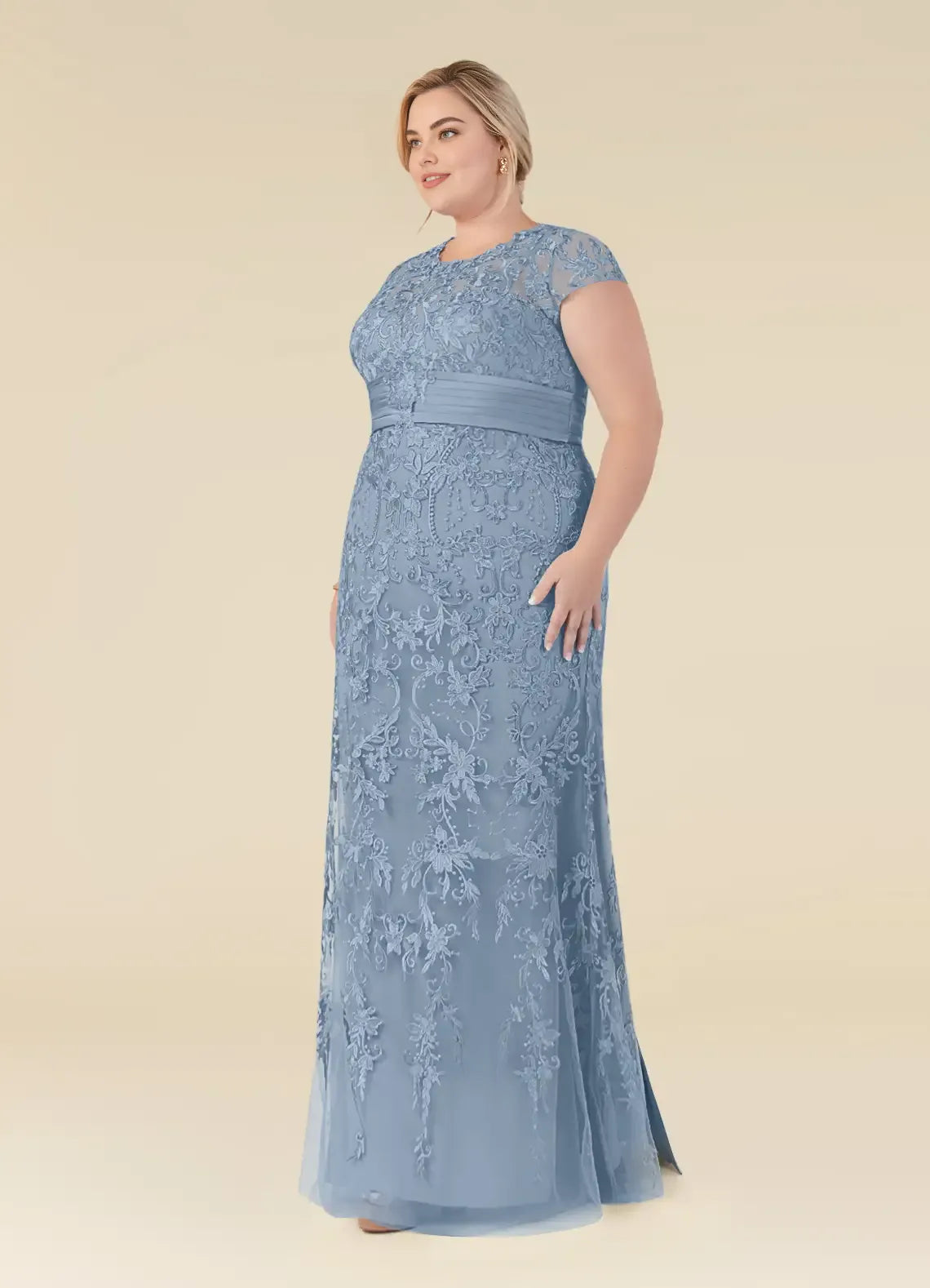 Charming Mermaid Scoop Neck Cap Sleeve Back Zip Floor-Length Plus Size Mother of the Bride Dress