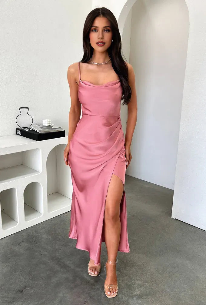 Charming Sheath Cowl Neck Sleeveless Side Slit Satin Ankle-Length Prom Dress