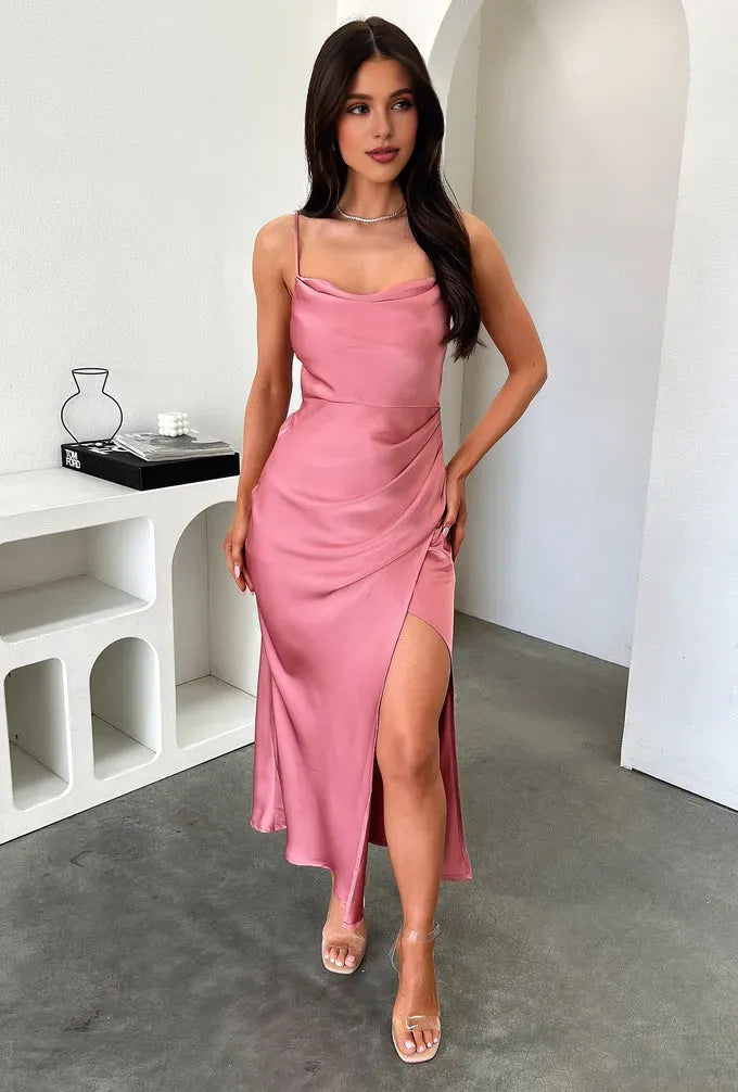 Charming Sheath Cowl Neck Sleeveless Side Slit Satin Ankle-Length Prom Dress