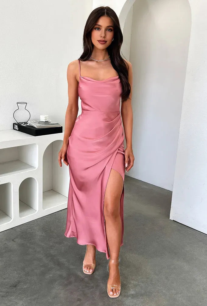 Charming Sheath Cowl Neck Sleeveless Side Slit Satin Ankle-Length Prom Dress