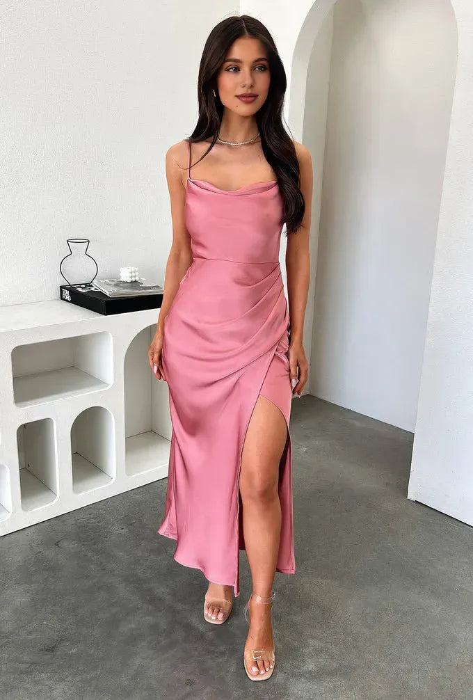 Charming Sheath Cowl Neck Sleeveless Side Slit Satin Ankle-Length Prom Dress