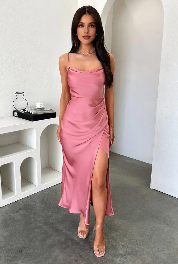 Charming Sheath Cowl Neck Sleeveless Side Slit Satin Ankle-Length Prom Dress