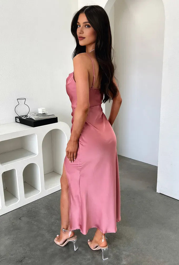 Charming Sheath Cowl Neck Sleeveless Side Slit Satin Ankle-Length Prom Dress