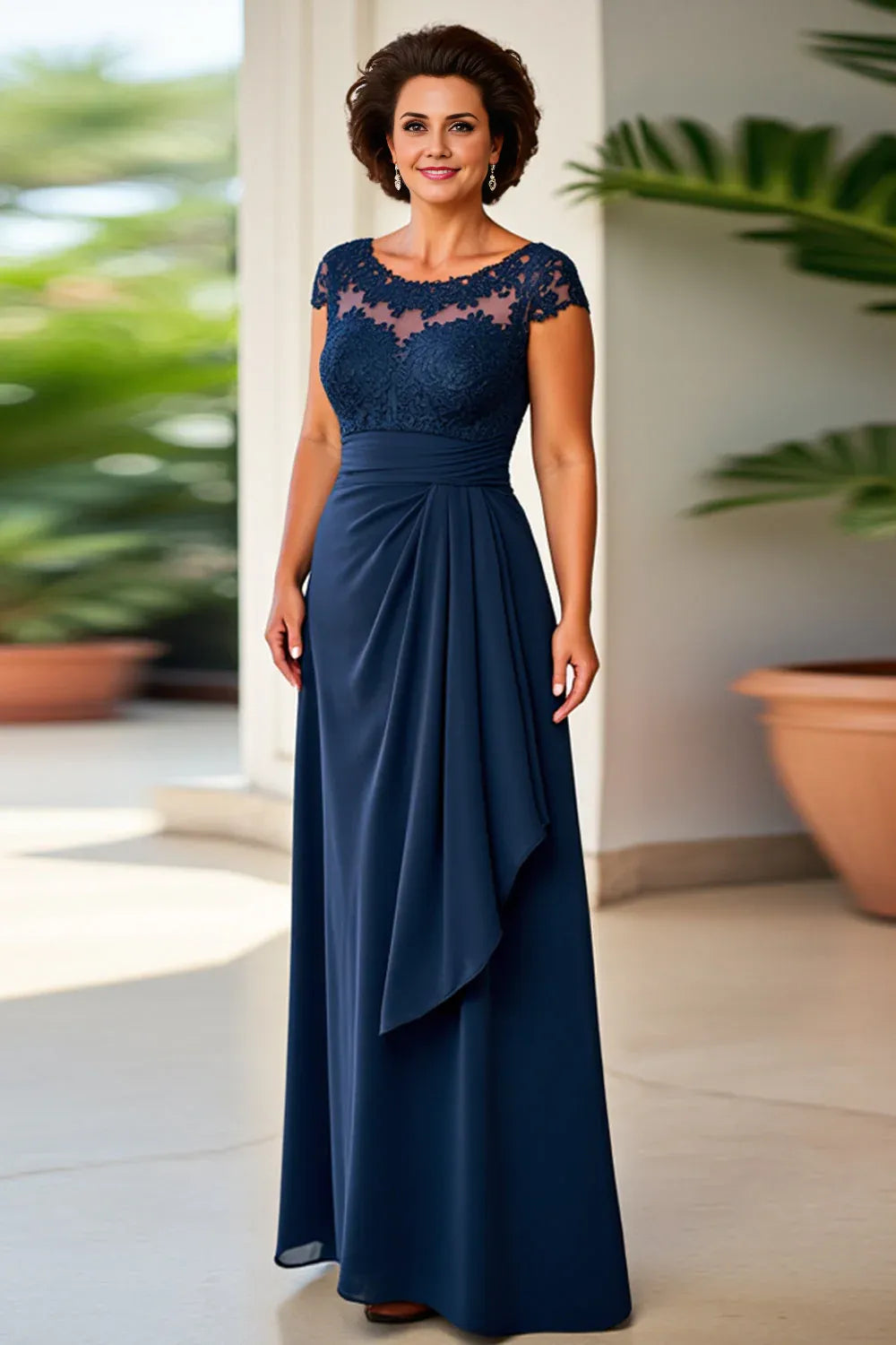 Charming Sheath Illusion Neck Cap Sleeves Zipper Up Floor-Length Mother of the Bride Dress