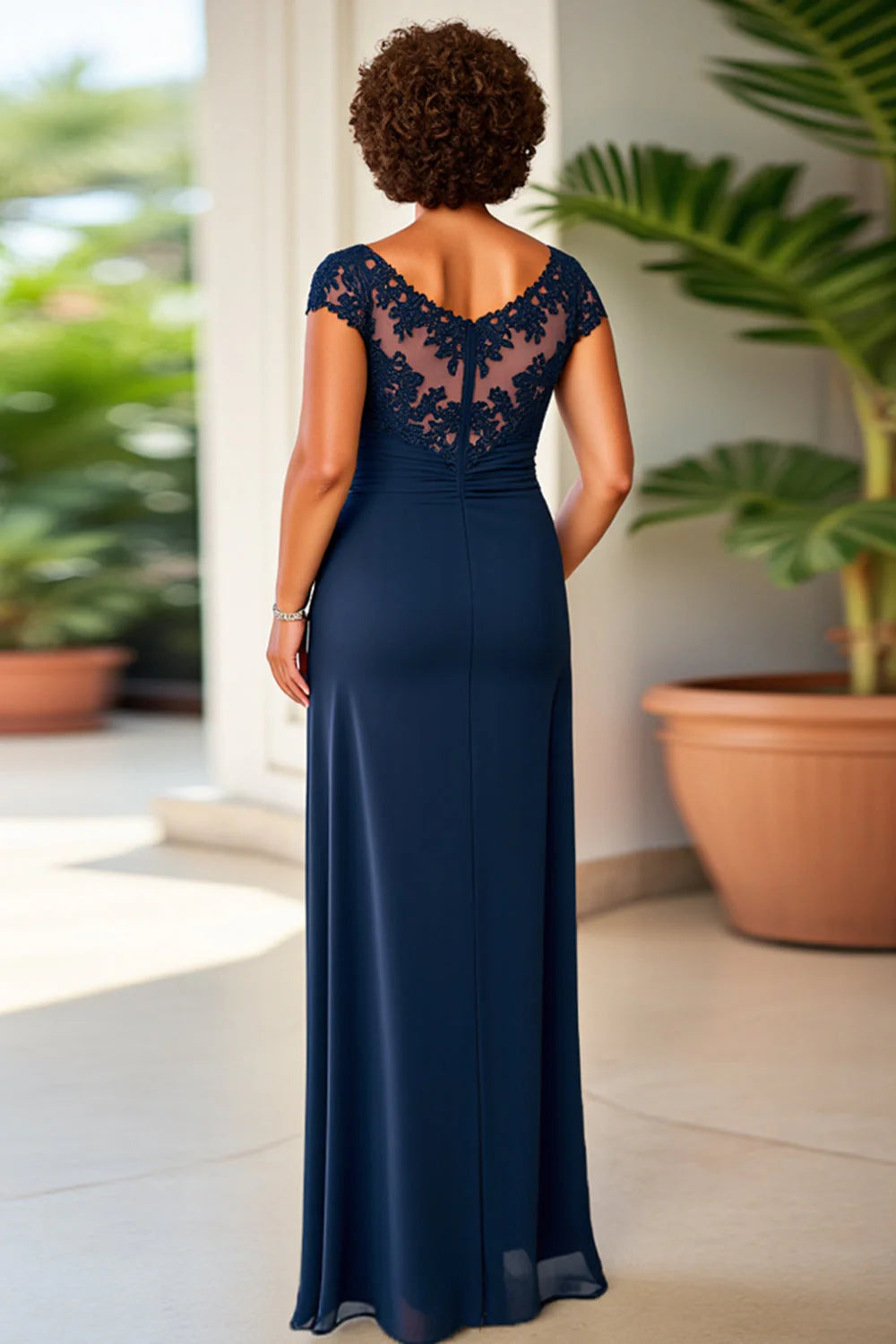 Charming Sheath Illusion Neck Cap Sleeves Zipper Up Floor-Length Mother of the Bride Dress
