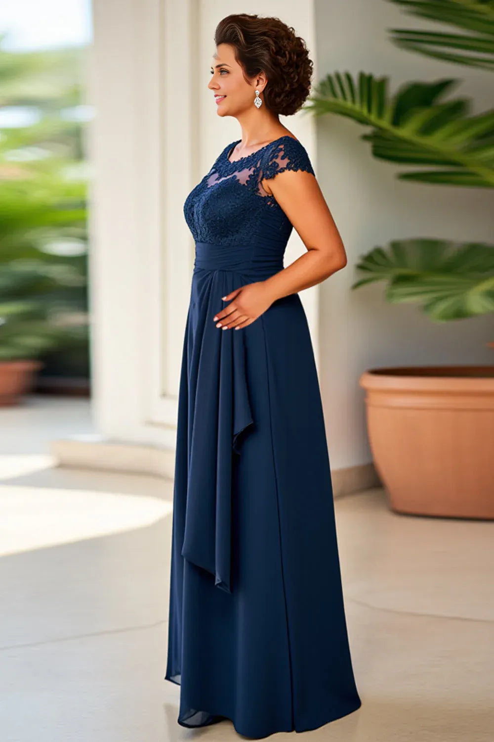 Charming Sheath Illusion Neck Cap Sleeves Zipper Up Floor-Length Mother of the Bride Dress
