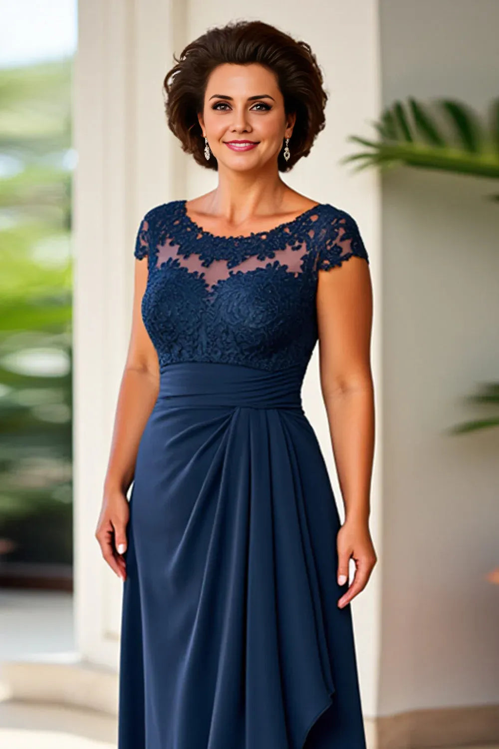 Charming Sheath Illusion Neck Cap Sleeves Zipper Up Floor-Length Mother of the Bride Dress