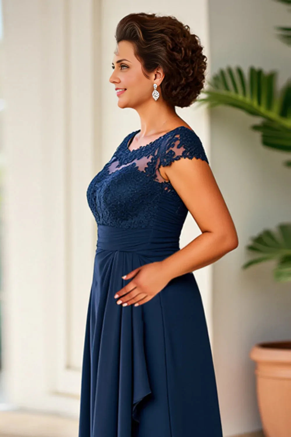 Charming Sheath Illusion Neck Cap Sleeves Zipper Up Floor-Length Mother of the Bride Dress