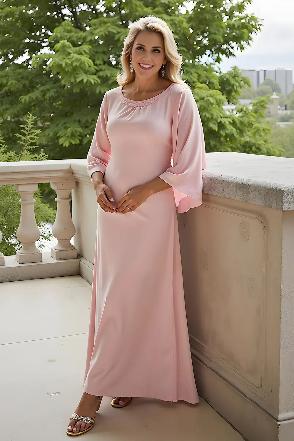 Charming Sheath Round Neck Long Sleeve Cape Floor-Length Mother of the Bride Dress