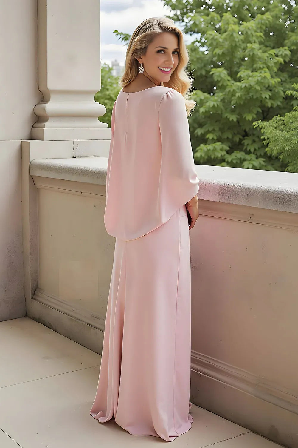 Charming Sheath Round Neck Long Sleeve Cape Floor-Length Mother of the Bride Dress