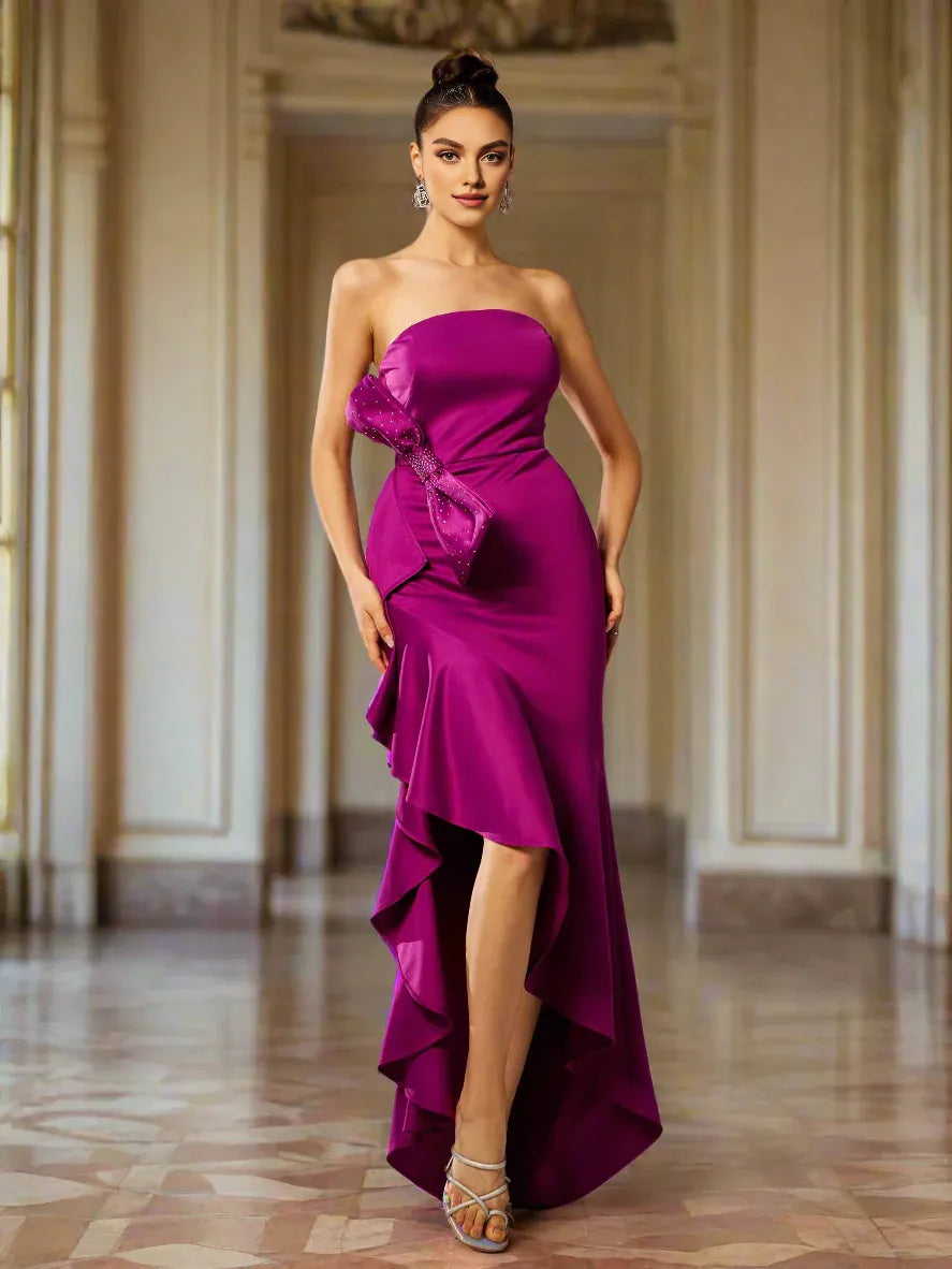Charming Sheath Strapless-neck Sleeveless Back Zip Asymmetric-Length Prom Dress