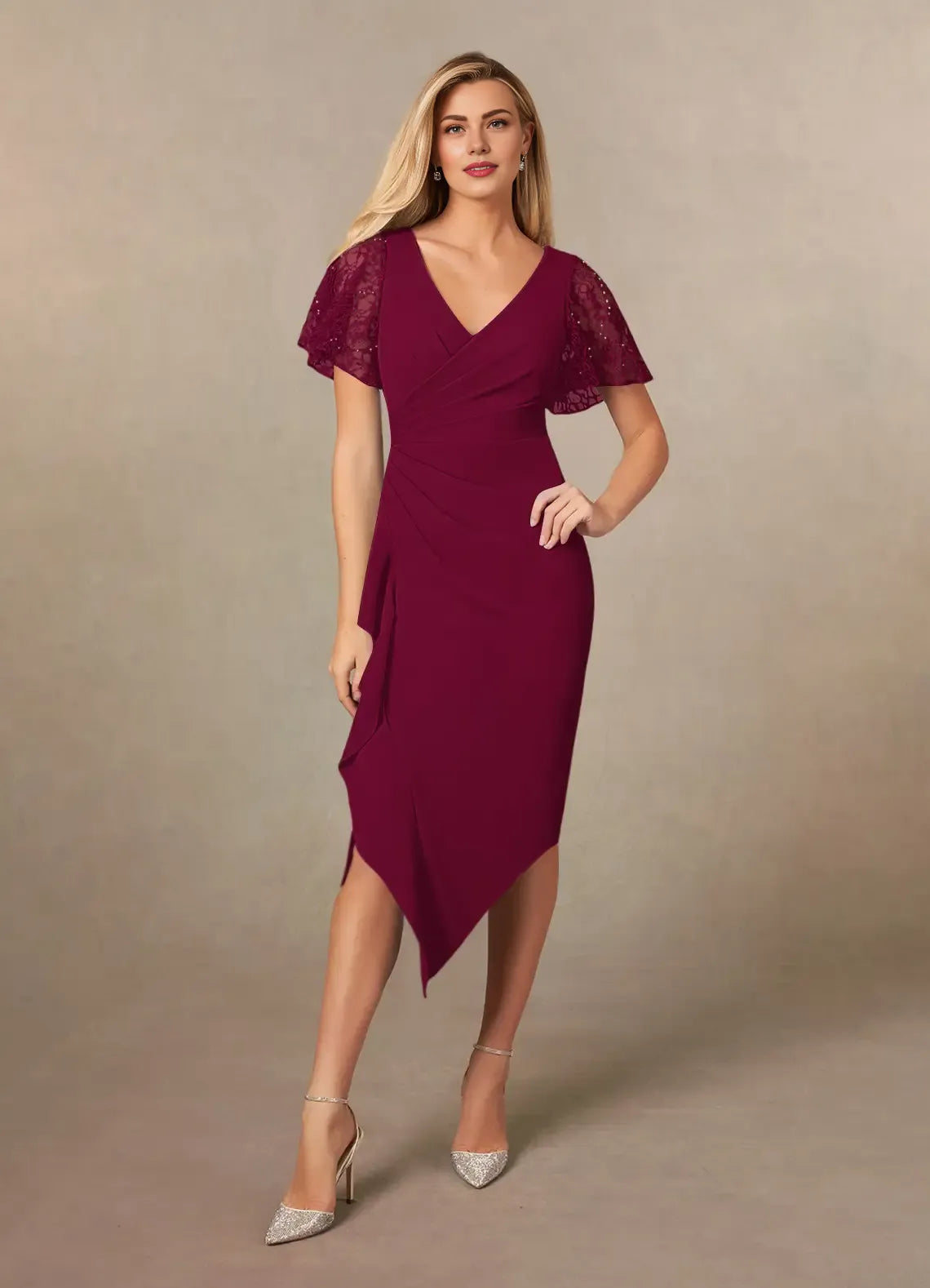 Charming Sheath V-Neck Flutter Sleeves Back Zip Tea-Length Mother of the Bride Dress