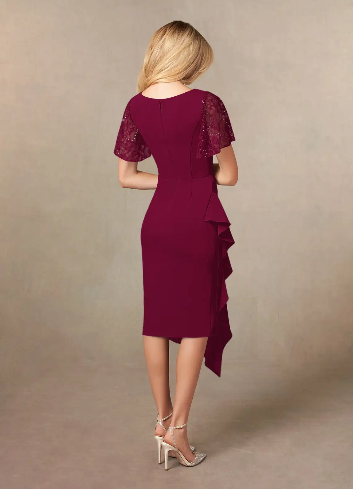 Charming Sheath V-Neck Flutter Sleeves Back Zip Tea-Length Mother of the Bride Dress