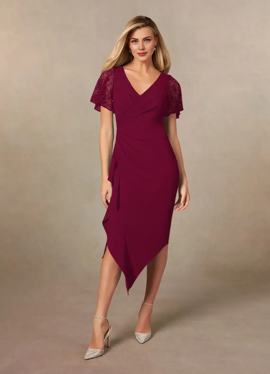 Charming Sheath V-Neck Flutter Sleeves Back Zip Tea-Length Mother of the Bride Dress