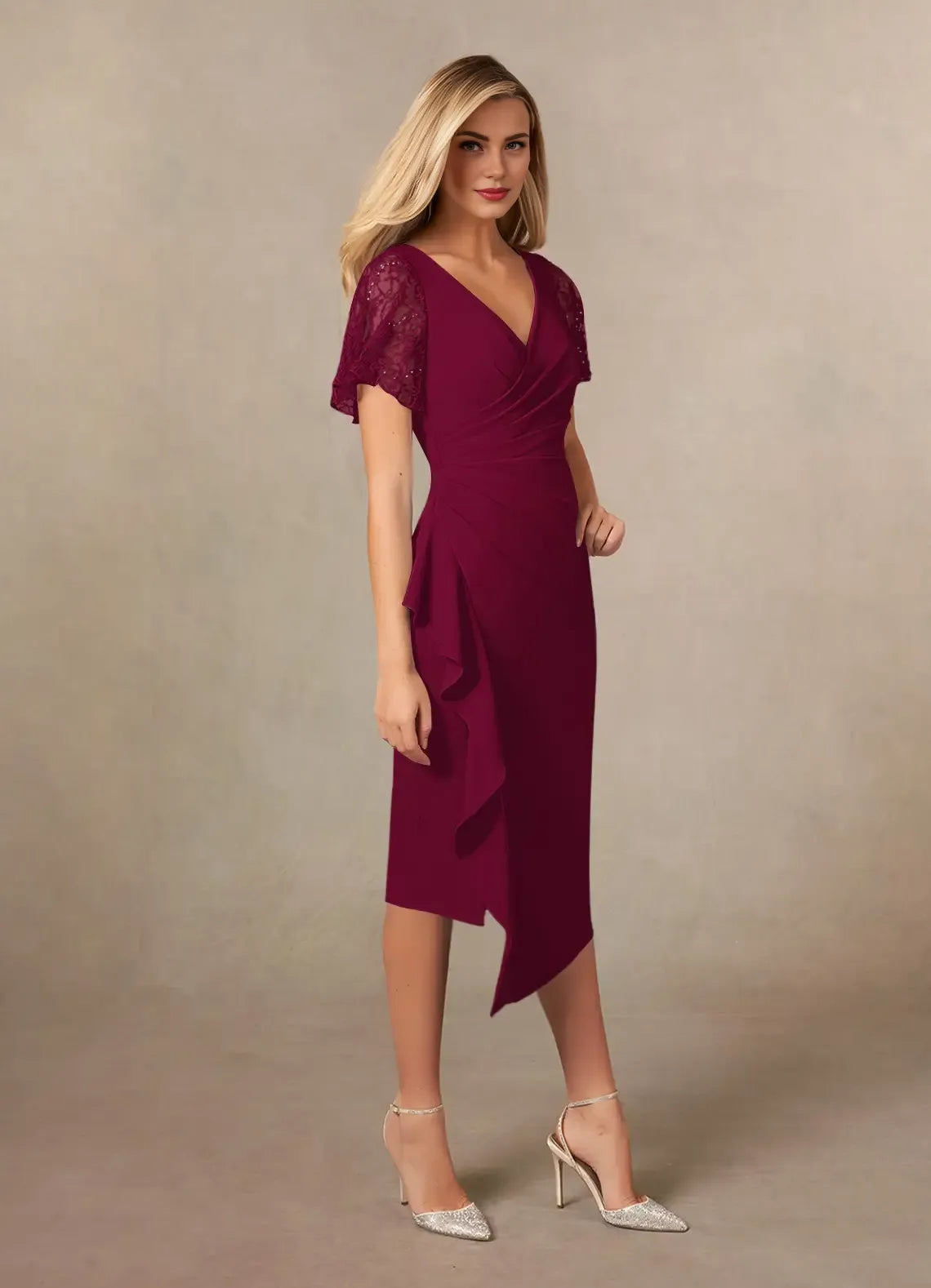 Charming Sheath V-Neck Flutter Sleeves Back Zip Tea-Length Mother of the Bride Dress